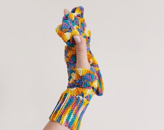 Rainbow Mittens Cotton. Cozy Summer Fingerless Gloves. Crochet Mittens.