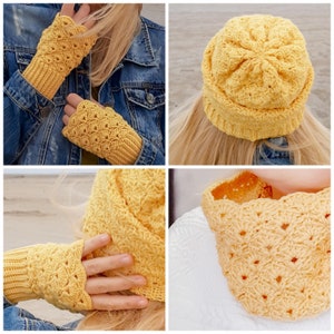 May include: A set of crocheted accessories in a yellow color. The set includes a hat, a scarf, and fingerless gloves.