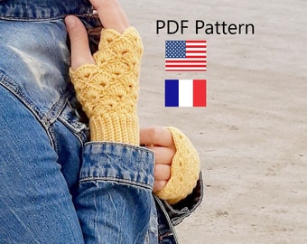 Fingerless Gloves Crochet Pattern US Terminology and French languages. Video link Tutorial.