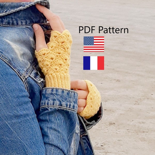 Patron de Gants sans Doigts au Crochet Terminologie US et langues françaises. Modèle de crochet facile. Tutoriel de crochet de gants sans doigts.