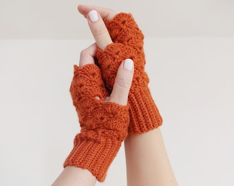 Manoplas Guantes sin dedos naranja oscuro. Cosy Mittens Guantes sin dedos acrílicos color ladrillo.