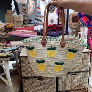 Handmade Straw Tote Bag: Woven Palm French Market Basket with Lemon Embroidery