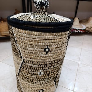 Woven Storage Basket with Lid | Handmade African Laundry Basket | Decorative Minimalist Home Decor Gift