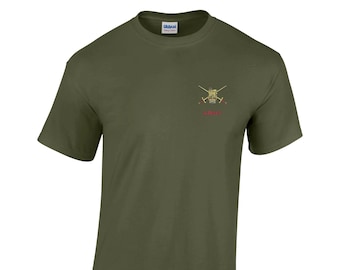 May include: A green short-sleeved t-shirt with the British Army logo embroidered on the chest. The logo is gold and red with the word "ARMY" underneath.