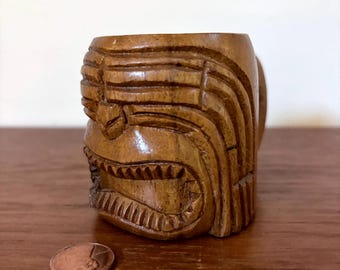 Vintage carved wood mug with a sculptural Tiki god figure / face (2.5” h, 3.5” w) - handcrafted - Hawaii - Oceania - folk - eclectic - mcm