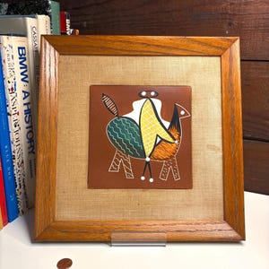 Harris G. Strong vintage handcrafted 6x6” art tile style 40 group G in oak frame with linen matte - abstract rider & horse - modern - mcm