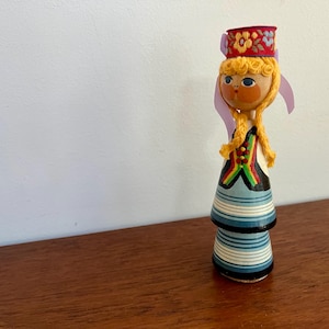 European vintage handmade painted wood folk doll (6” h) from Poland but likely Scandinavian - folk - eclectic - mcm - midcentury modern