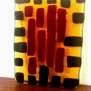 Studio made vintage fused glass (red, black, yellow, iridescence) rectangular trivet or suncatcher - handcrafted - mcm - midcentury modern