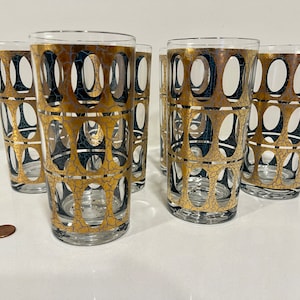 Culver Ltd. vintage ‘Pisa’ crackled 22 carat gold highball cocktail glasses, blue interior, set of 6 - modern - mcm - midcentury modern
