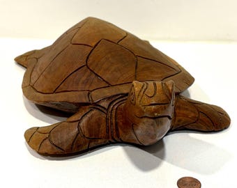 Vintage handmade large carved wood sea turtle (14” l 8.5” w) - incised features - patina - coastal - beach - folk - eclectic