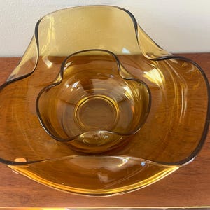 Anchor Hocking vintage set of 2 amber sculptural glass chip and dip bowls (5” w, 9” w) - modern - mcm - midcentury modern