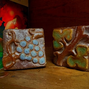 Vintage faience tiles (2.75”w) - oak leaf and grape motifs - sold separately - akin to Rookwood - arts and crafts - modern - eclectic