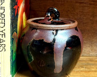 Japanese vintage black sienna & metallic umber ceramic bowl with lid topped by a finial (3.25”h) - Japan - modern - mcm - midcentury modern