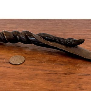 Vintage handcarved hardwood coiled snake sculpture / wand / letter opener (7” l) - folk - Oceania - eclectic- modern - mcm
