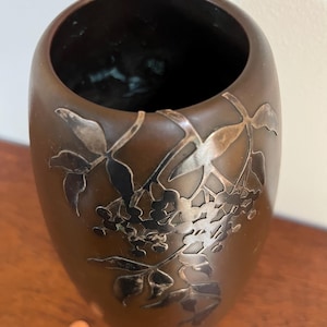 Heintz (USA) vintage large (10” h) bronze vase with silver leaves and fruit motif overlay - modern - art nouveau - arts and crafts