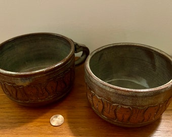 Studio handmade ceramic coffee / soup mugs, set of 2 in purplish umber glaze with repeating fish motif  - folk - mcm - midcentury modern