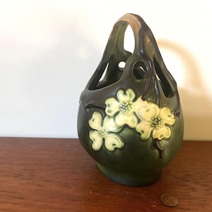 Roseville Pottery Dogwood II (green, black, cream, umber) basket vase (6” w 7.5” h) - Ohio - arts and crafts - modern