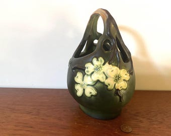 Roseville Pottery Dogwood II (green, black, cream, umber) basket vase (6” w 7.5” h) - Ohio - arts and crafts - modern