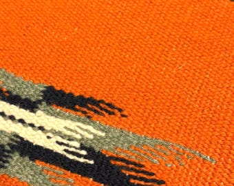 Chimayo vintage handwoven rug/textile (23”l 9.25”w) - orange, grey, white, black - original tag - southwest - Native American - textile art
