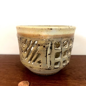 Wally Smith cream, sienna, blue-gray ceramic lantern / candleholder (3.75” h) - Gatlinburg - Tennessee - modern - mcm - midcentury modern