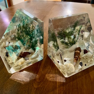 May include: Two clear glass bookends shaped like pyramids, each filled with sand, seashells, and a small piece of seaweed. The bookends are on a wooden table.