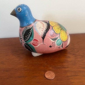 Tonala vintage ceramic handpainted multi colored quail (bird) sculpture / figurine - Mexican - folk - mcm - midcentury modern