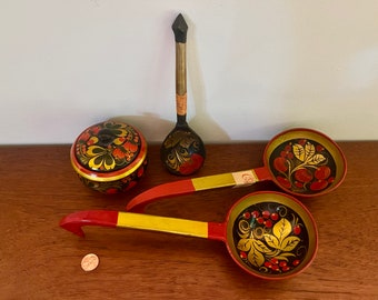 Russian vintage wood lacquered and painted kokhloma spoons (3) and jar with lid- Russia - folk - eclectic - modern - mcm - midcentury modern