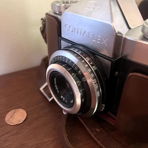 Zeiss Ikon Contaflex 35mm film camera with Pantar 45mm f/2.8 lens & patinated leather camera case with strap - photography