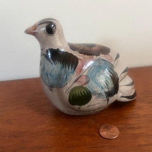 Tonala vintage ceramic handpainted gray, blue, black & pink quail (bird) sculpture / figurine - Mexican - folk - mcm - midcentury modern