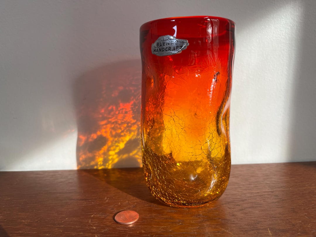 Blenko Vintage 418LC Tangerine / Amberina Tall 6 H Glass / Vase Label ...