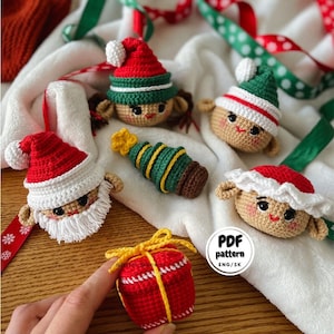 Christmas Tree Ornaments Crochet pattern, Christmas Amigurumi pattern, DIY Christmas stocking stuffer, Crochet Elf, Crochet Santa Claus