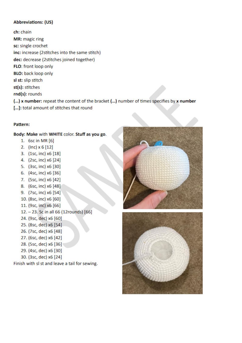 Puede incluir: Instrucciones de crochet para hacer una bola de amigurumi blanca. El patr&oacute;n incluye abreviaturas, una lista de materiales e instrucciones paso a paso para tejer la bola. La imagen tambi&eacute;n muestra dos ejemplos del producto terminado.