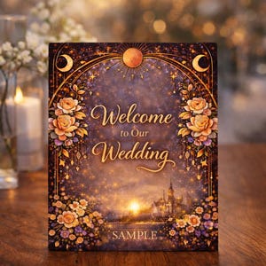May include: A decorative wedding sign with the words "Welcome to Our Wedding" in elegant script. The sign features a celestial design with a sun, moons, stars, and floral accents. A castle is visible in the background, with the word "SAMPLE" at the bottom.