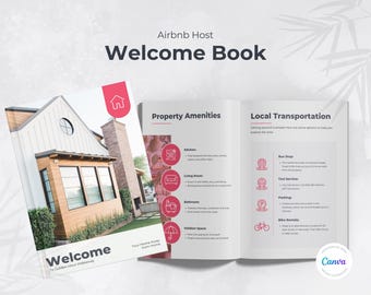 Peut inclure: Un livre de bienvenue rose et blanc pour les hôtes Airbnb. La couverture présente une photo d'une maison avec le texte "Bienvenue à Golden Hour Hospitality". Les pages intérieures listent les commodités de la propriété et les options de transport local.