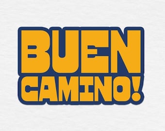 Può includere: Una grafica gialla con contorno blu che dice "BUEN CAMINO!" su uno sfondo bianco.