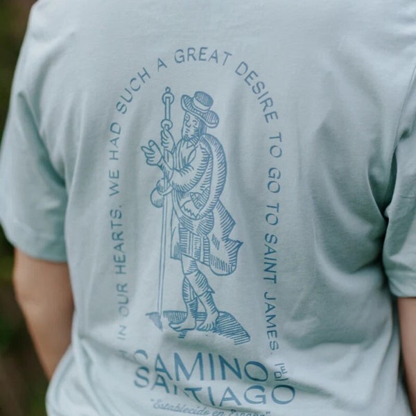 Medieval Wanderer - Eucalyptus - Camino de Santiago Shirt Buen Camino Way of St. James Hiking Tshirt Unisex Tri-blend Shirt for Men or Women