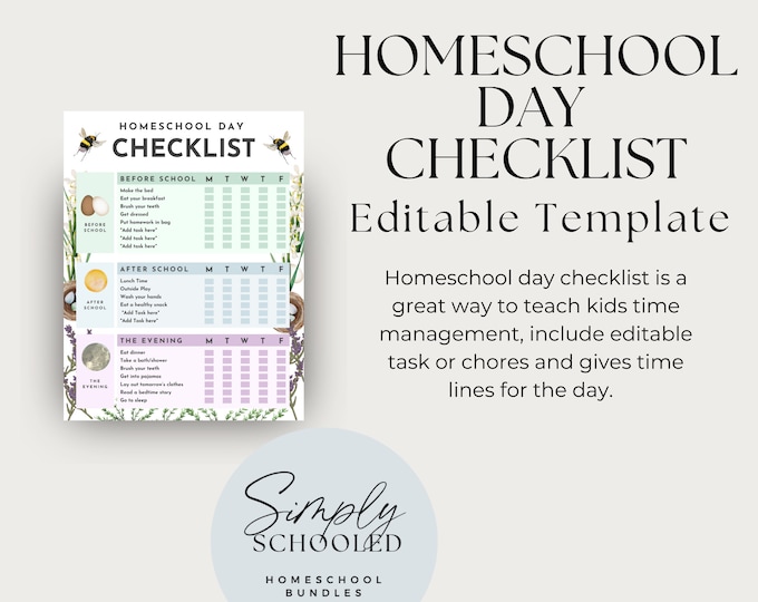 Homeschool Checklist Template, Kindergarten, 1st Grade, 2nd Grade, 3rd