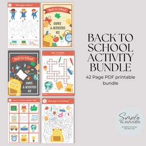 Könnte beinhalten: Ein druckbares Back-to-School-Aktivitätspaket mit 42 Seiten voller Spiele und Aktivitäten für Kinder. Das Paket enthält ein Labyrinth, ein Kreuzworträtsel, ein Memory-Spiel und eine Aktivität zum Thema "Was gehört in den Schulranzen". Die Aktivitäten sind mit bunten Comicfiguren und Objekten illustriert.