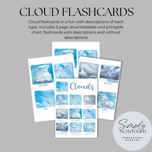 May include: A set of printable cloud flashcards with watercolor illustrations and descriptions of different cloud types, including cumulonimbus, cirrus, cumulus, altostratus, altocumulus, stratus, nimbostratus, stratocumulus, and cirrostratus. The flashcards are part of a homeschool bundle.