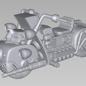 May include: A gray, futuristic motorcycle model with a detailed engine, exhaust pipes, and headlights. The design includes a seat, handlebars, and a front end with a stylized mouth and teeth. The overall aesthetic suggests a science fiction or fantasy theme.