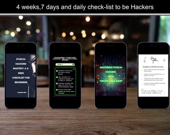 Könnte beinhalten: Vier Smartphones zeigen Bildungsinhalte auf einer Holzoberfläche. Die Bildschirme zeigen "Ethical Hacking Mastery" und "Mastering Ethical Hacking" mit Checklisten und Kursübersichten. Das obere Banner lautet "4 weeks, 7 days and daily check-list to be Hackers."