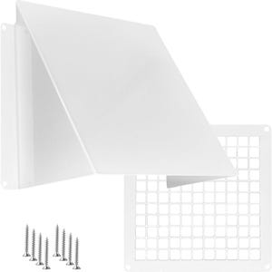 May include: A white exterior wall vent hood with a slanted cover and a separate square grid mesh screen. The set includes eight silver metal screws for installation. The components are made of a smooth, solid white material for ventilation.