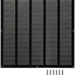 May include: A black metal vent cover with horizontal slats. The vent cover is square with rounded corners and has several screw holes. Several silver screws are included.