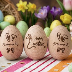 May include: Three wooden Easter eggs with engraved bunny ears, names, and paw prints. The centre egg says "Happy Easter." Other Easter eggs and a bunny figurine are in the background. The eggs are on a striped surface.