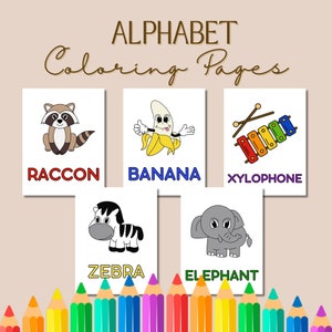 Libro para colorear imprimible en PDF y PNG de 26 páginas para preescolar y jardín de infantes / Hoja de trabajo de actividades de educación en el hogar preescolar ABC para niños pequeños