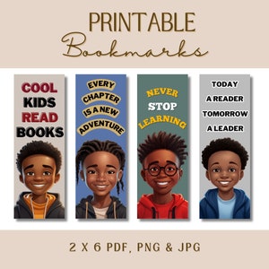 4 Pack Black/Brown Boy Printable Bookmark Set | Ready to Print Positive Bookmarks for Bookworms and Book Lovers