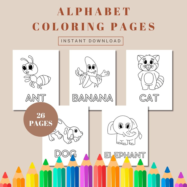 26 page pdf and png printable coloring book for preschool and