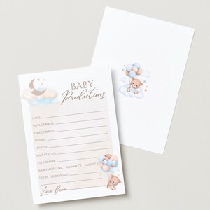 Cartes de prédiction de baby shower, sur le thème des ours pour bébé garçon, recto-verso, produit numérique, téléchargement immédiat