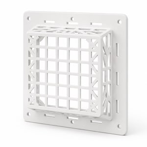 May include: A white plastic vent cover featuring a square grid pattern on the raised central section and a flat mounting flange with pre-drilled circular holes and rectangular slots along the perimeter for secure installation on a flat surface.