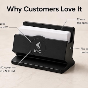 May include: A black business card holder with a 17 mm top opening and an upgraded 30 mm NFC circular center featuring an icon and the text NFC. The holder is designed to fit standard business cards and includes a flush NFC cover with text.